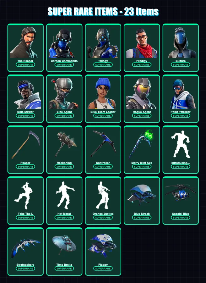 [PS4/PS5/XBOX/PC] | The Reaper | Carbon Commando | Trilogy | Prodigy | Sultura | 136 skin | 119 pickaxe | 109 emote | 102 glider | Lv1516