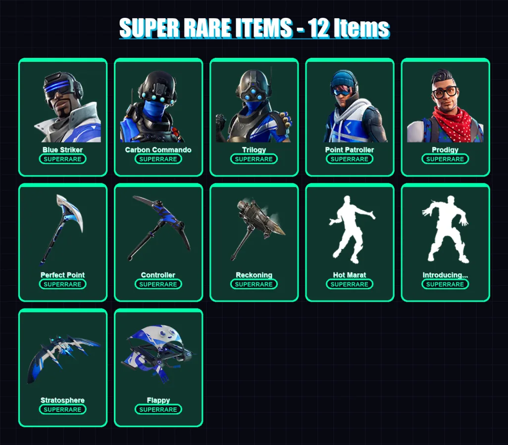 [PS4/PS5/XBOX/PC] | Blue Striker | Carbon Commando | Trilogy | Point Patroller | Prodigy | 34 skin | 37 pickaxe | 36 emote | 35 glider | Lv422