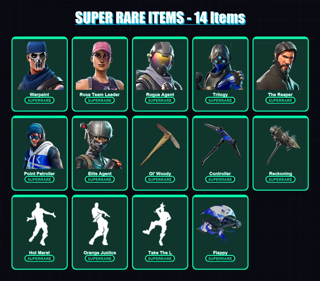 [PS4/PS5/XBOX/PC] | Warpaint | Rose Team Leader | Rogue Agent | Trilogy | The Reaper | 66 skin | 53 pickaxe | 73 emote | 50 glider | Lv794