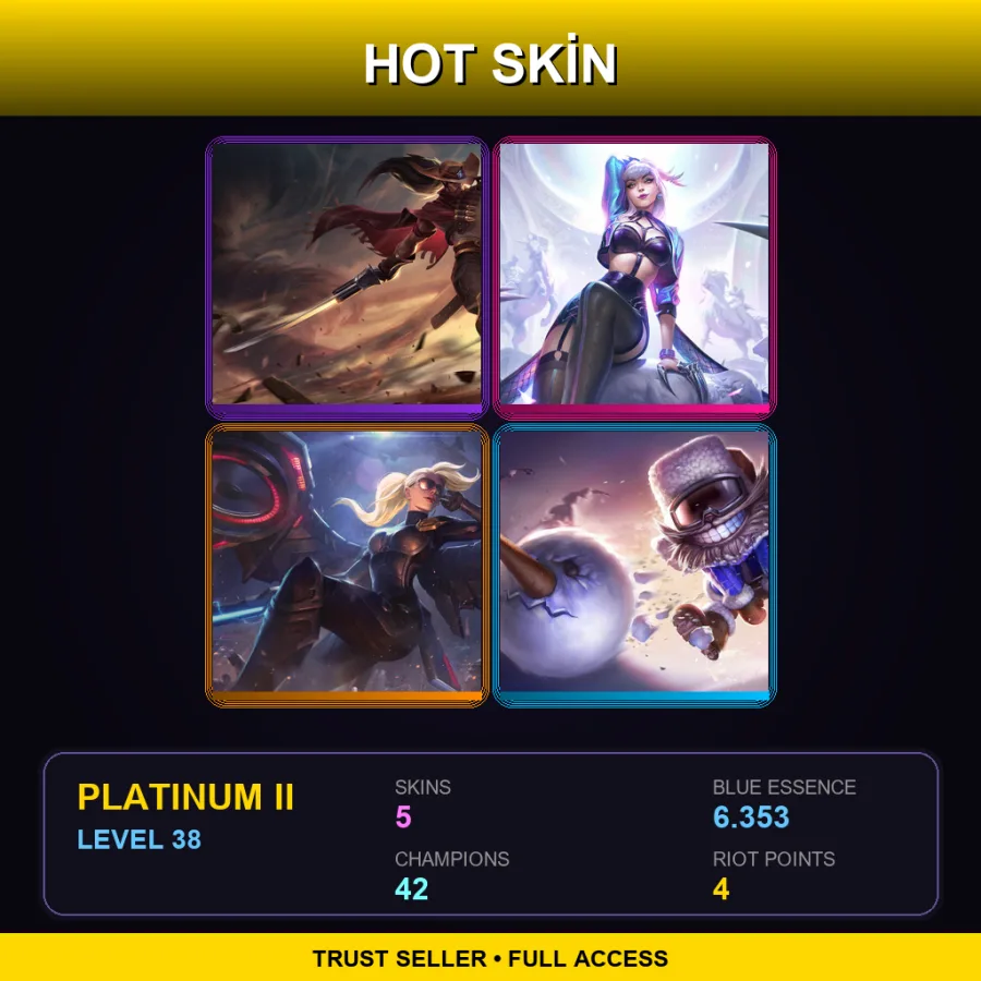 EUW | High Noon Yasuo | K/DA ALL OUT Evelynn | Riot Kayle | Snow Day Ziggs | 5 Skin | 42 Champ | Platinum II | Lv38