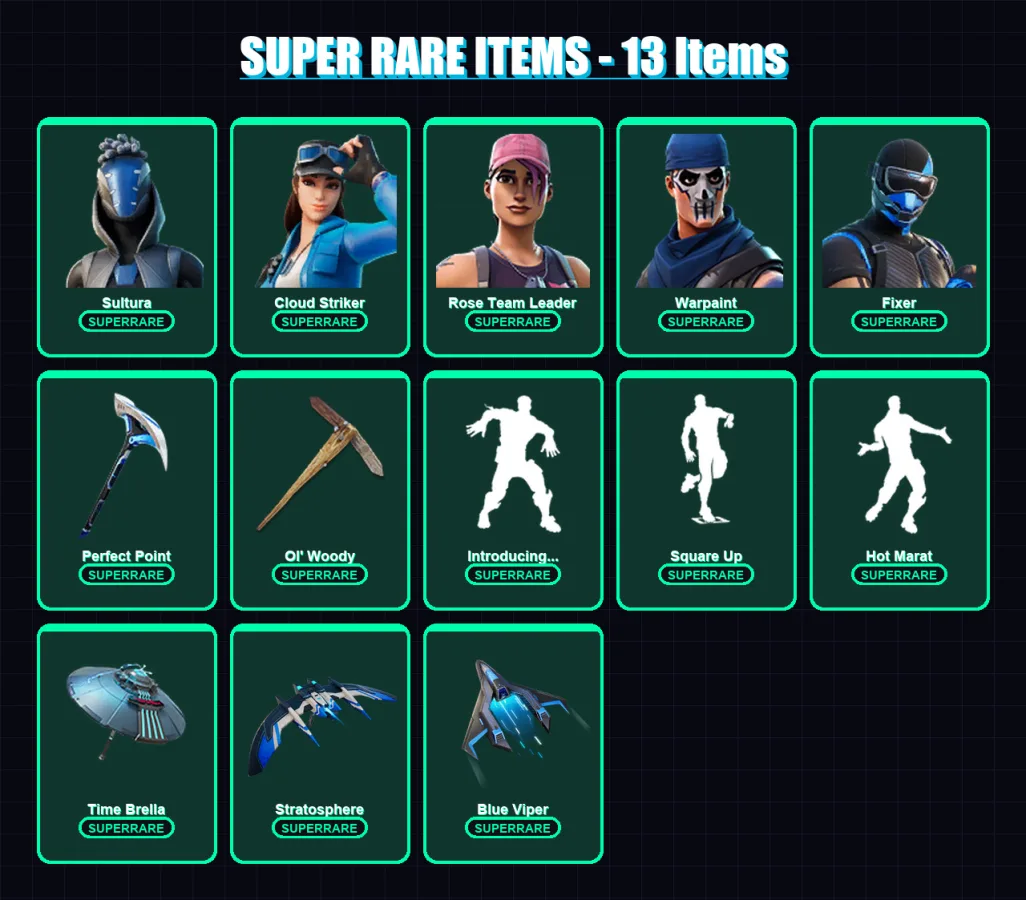 [PS4/PS5/XBOX/PC] | Sultura | Cloud Striker | Rose Team Leader | Warpaint | Fixer | 102 skin | 94 pickaxe | 87 emote | 95 glider | Lv1286