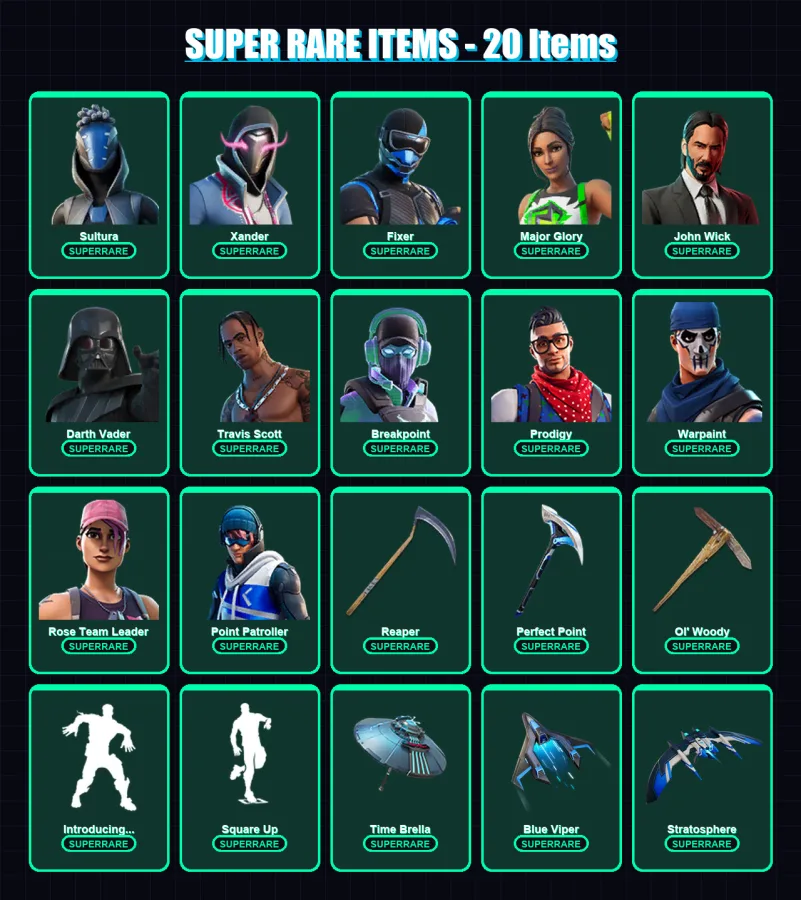 [PS4/PS5/XBOX/PC] | Sultura | Xander | Fixer | Major Glory | John Wick | 654 skin | 599 pickaxe | 551 emote | 351 glider | Lv5726