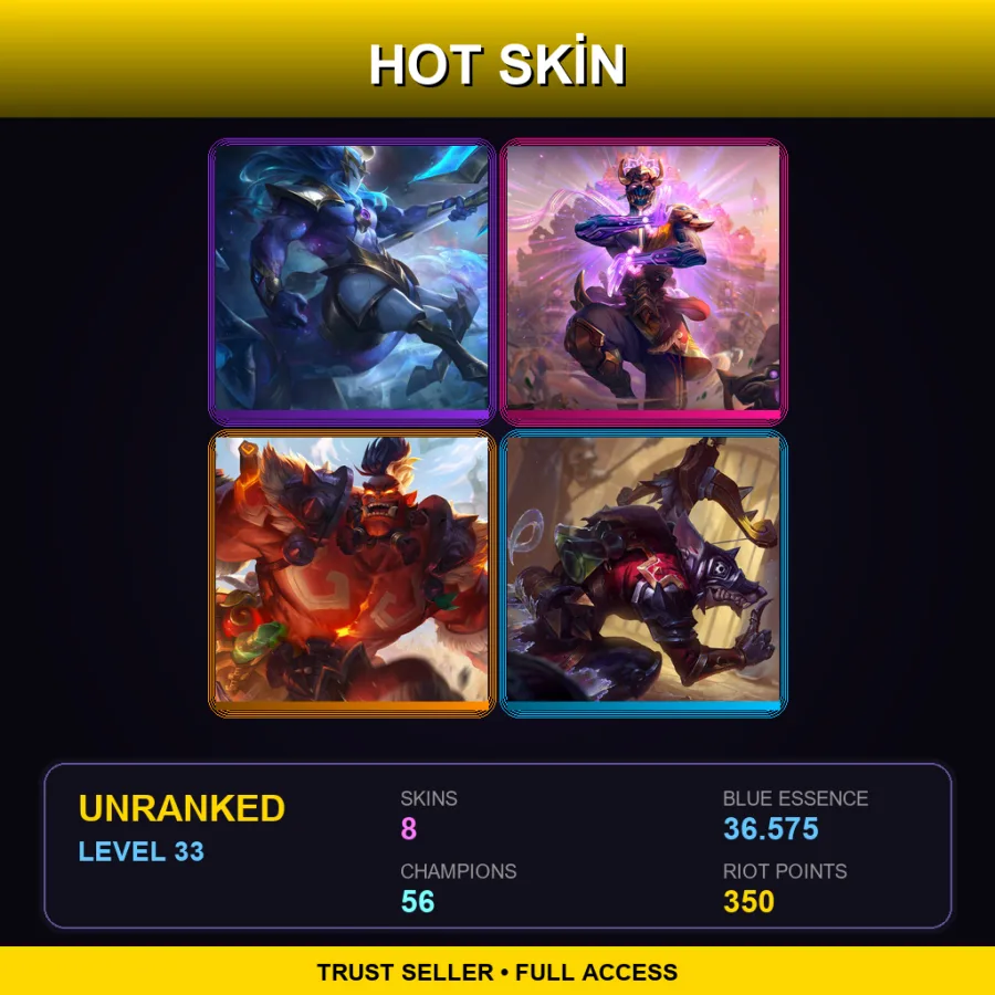 EUW | Lv33 | Unranked | 8 Skin | 56 Champ — LoL account