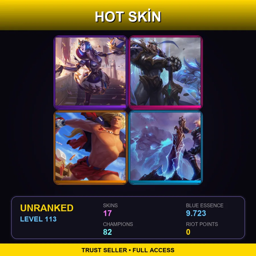 TR | Victorious Orianna | God-King Garen | Pool Party Taric | Reignited Worlds 2012 Riven | 17 Skin | 82 Champ | Lv113