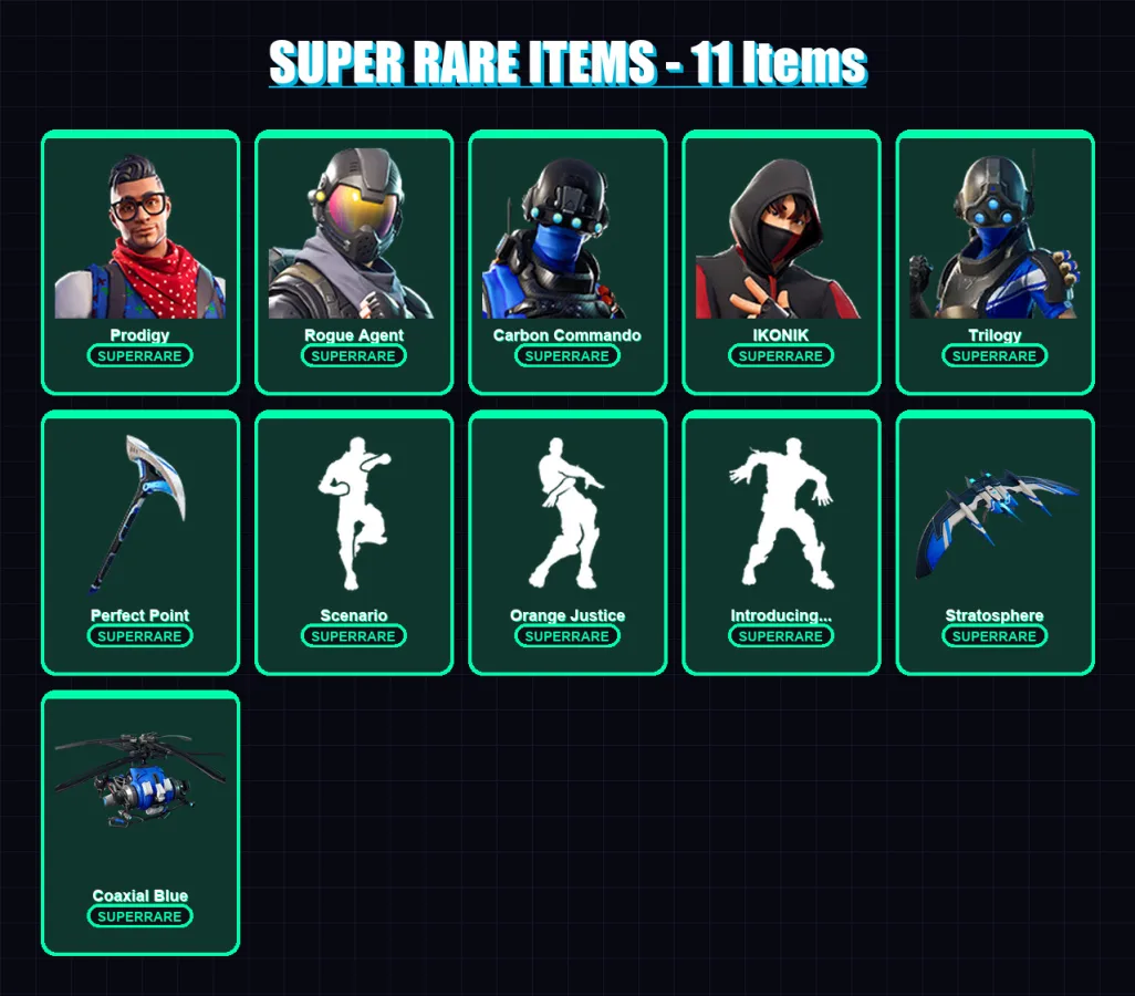 [PC/XBOX] | Prodigy | Rogue Agent | Carbon Commando | IKONIK | Trilogy | 34 skin | 23 pickaxe | 47 emote | 27 glider | Lv393