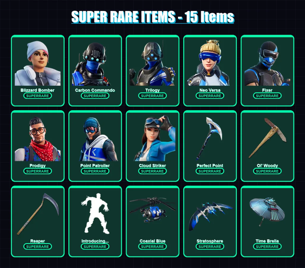 [PS4/PS5/PC] | Blizzard Bomber | Carbon Commando | Trilogy | Neo Versa | Fixer | 161 skin | 169 pickaxe | 124 emote | 131 glider | Lv1690