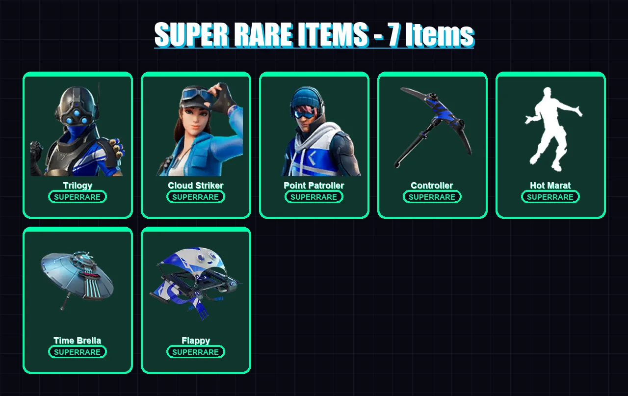 [PC] | Trilogy | Cloud Striker | Point Patroller | Kado Thorne | Midas | 168 skin | 239 pickaxe | 168 emote | 177 glider | Lv3941