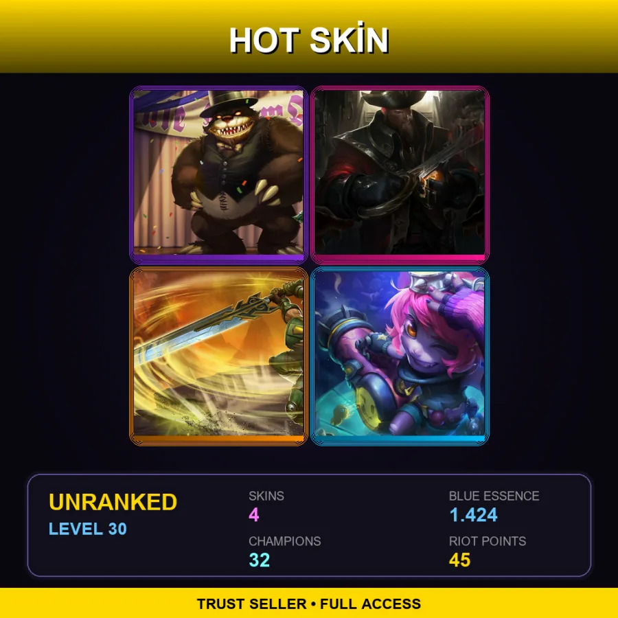LAS | Prom Queen Annie | Captain Gangplank | Commando Garen | Riot Girl Tristana | 4 Skin | 32 Champ | Lv30