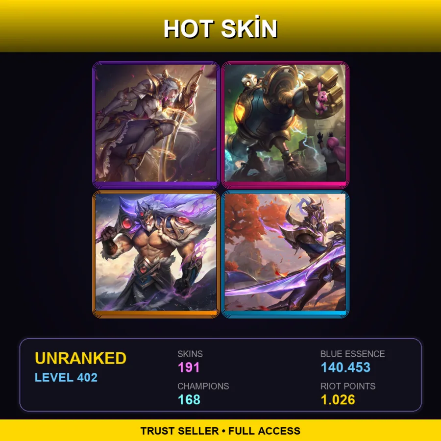 EUW | Lv402 | Unranked | 191 Skin | 168 Champ