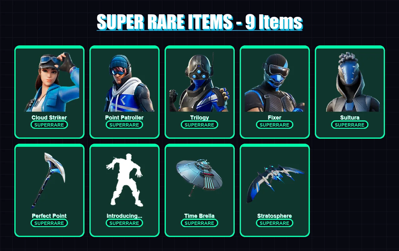 [PS4/PS5/XBOX/PC] | Cloud Striker | Point Patroller | Trilogy | Fixer | Sultura | 108 skin | 131 pickaxe | 81 emote | 127 glider | Lv1664