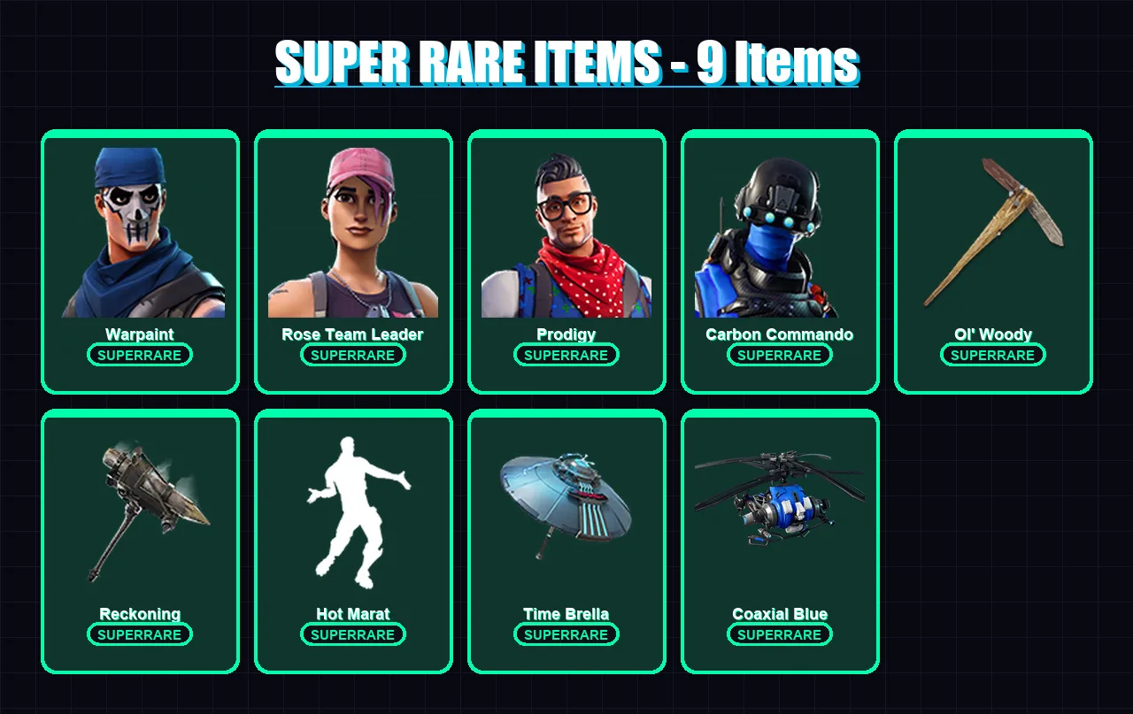 [PS4/PS5/XBOX/PC] | Warpaint | Rose Team Leader | Prodigy | Carbon Commando | Drift | 53 skin | 118 pickaxe | 96 emote | 99 glider | Lv1725