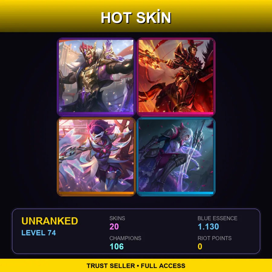 LAS | Lv74 | Unranked | 20 Skin | 106 Champ — LoL account