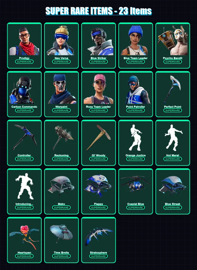 [PC/XBOX] | Prodigy | Neo Versa | Blue Striker | Blue Team Leader | Psycho Bandit | 80 skin | 70 pickaxe | 80 emote | 82 glider | Lv1255