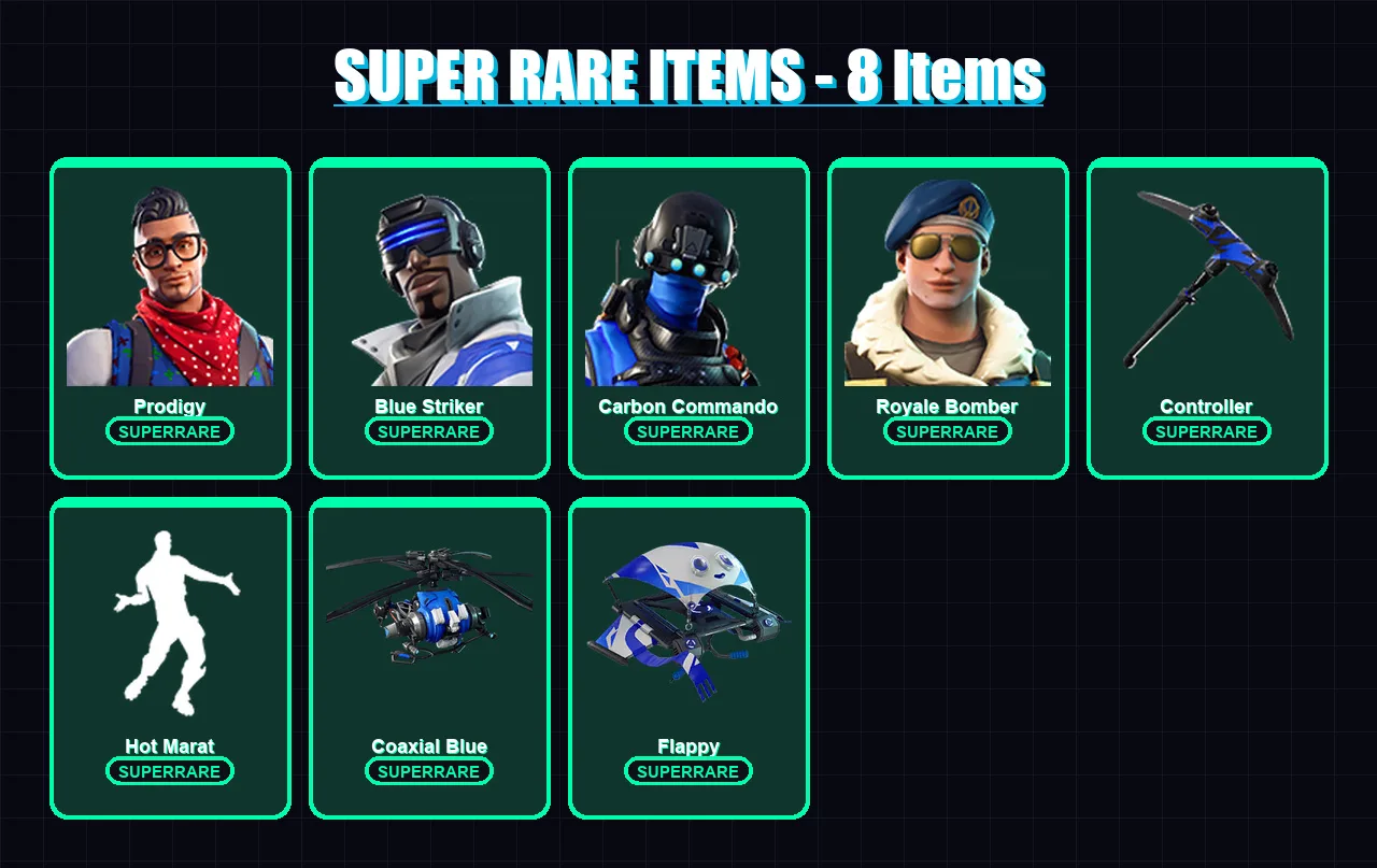[PC/XBOX/PSN] | Prodigy | Blue Striker | Carbon Commando | Royale Bomber | Zenith | 20 skin | 20 pickaxe | 32 emote | 26 glider | Lv332