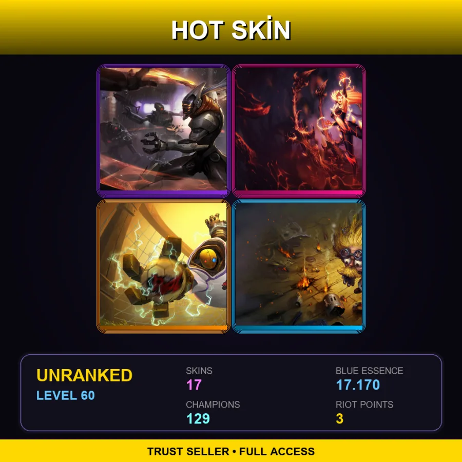 EUW | PROJECT: Yi | Wildfire Zyra | Goalkeeper Blitzcrank | Blast Zone Heimerdinger | 17 Skin | 129 Champ | Lv60