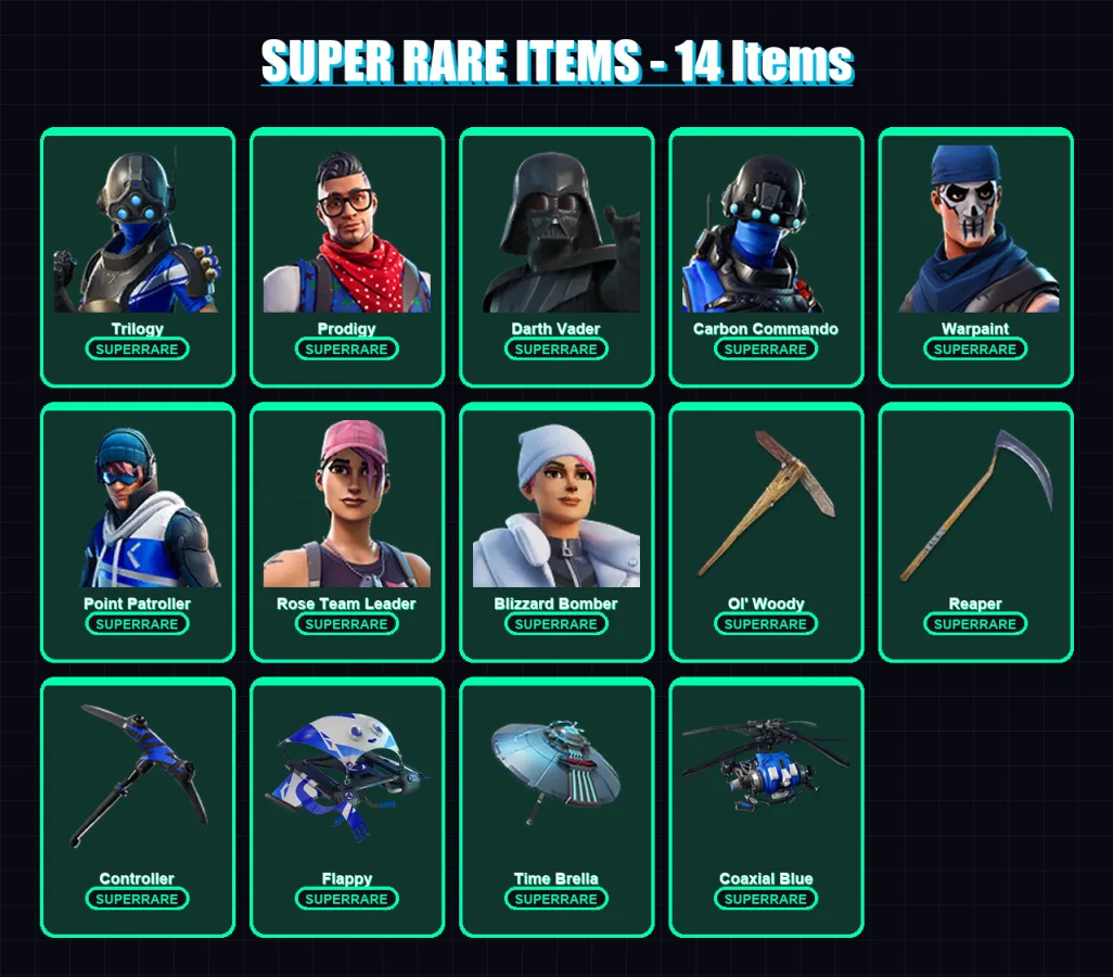 [PC] | Trilogy | Prodigy | Darth Vader | Carbon Commando | Warpaint | 169 skin | 177 pickaxe | 165 emote | 137 glider | Lv1963