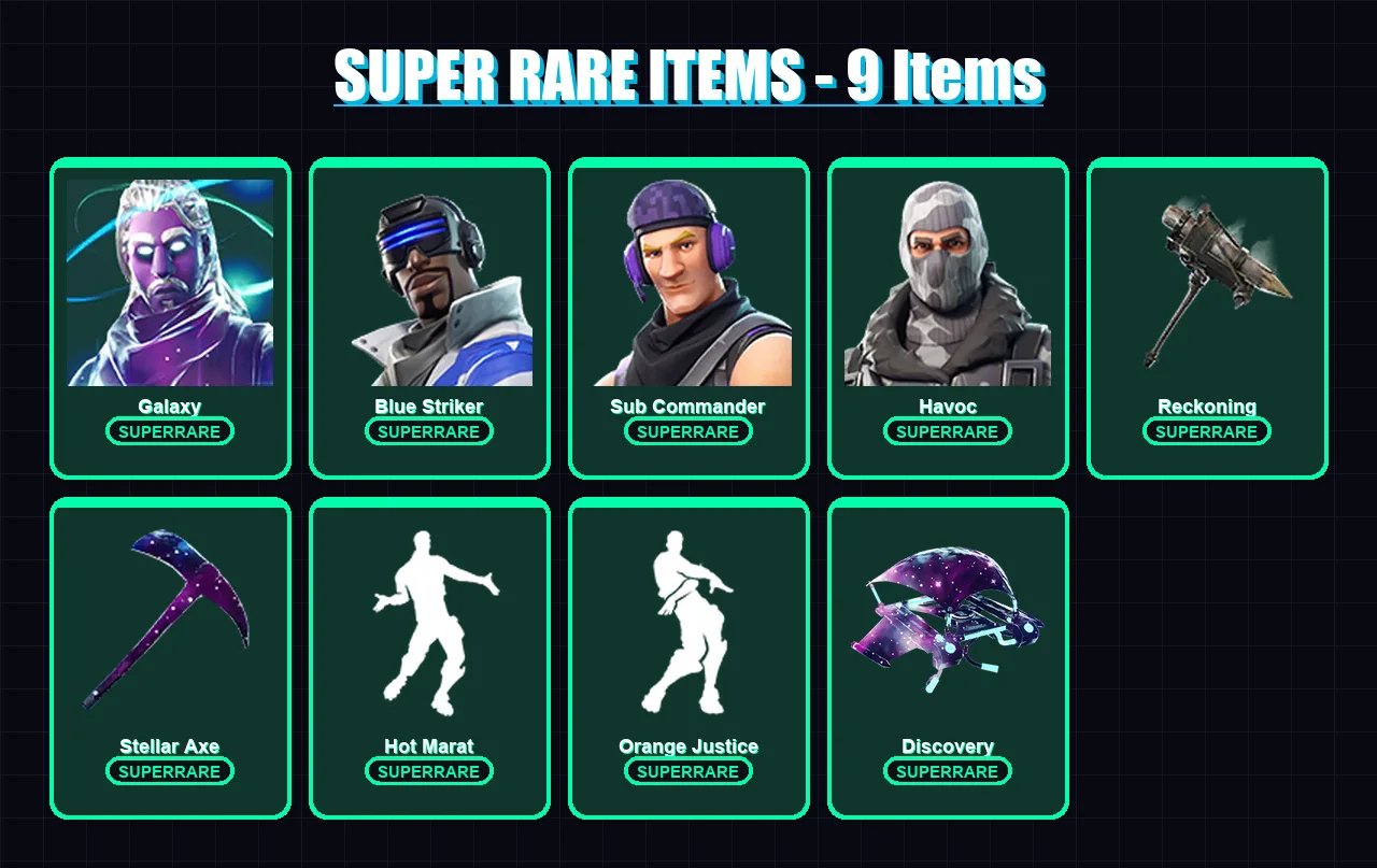 [PC/XBOX/PSN] | Galaxy | Blue Striker | Sub Commander | Havoc | Hybrid | 47 skin | 31 pickaxe | 49 emote | 39 glider | Lv525