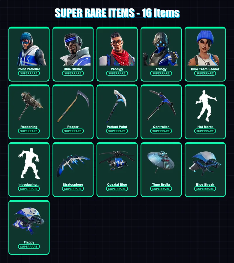 [PS4/PS5/XBOX/PC] | Point Patroller | Blue Striker | Prodigy | Trilogy | Blue Team Leader | 69 skin | 62 pickaxe | 87 emote | 79 glider | Lv1366