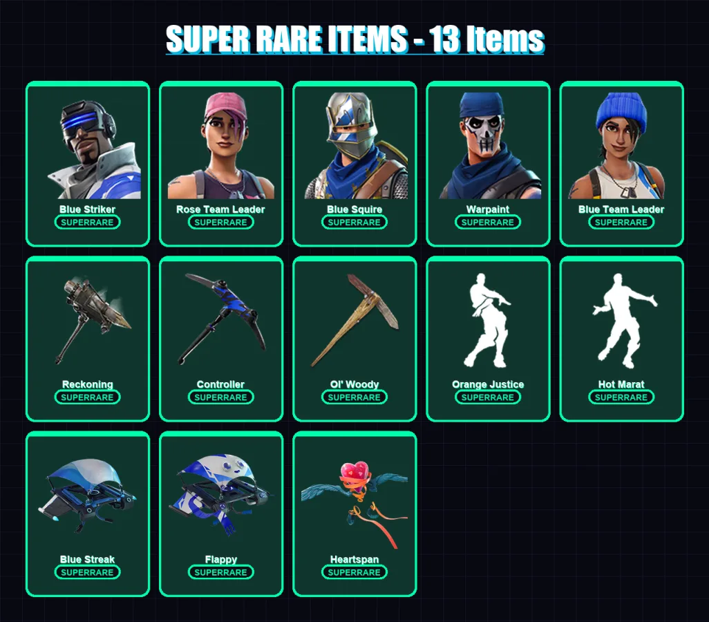 [PS4/PS5/XBOX/PC] | Blue Striker | Rose Team Leader | Blue Squire | Warpaint | Blue Team Leader | 55 skin | 65 pickaxe | 73 emote | 76 glider | Lv10