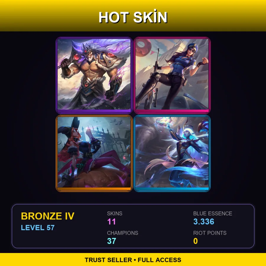 LAN | Victorious Tryndamere | Officer Caitlyn | Bewitching Miss Fortune | Dawnbringer Soraka | 11 Skin | 37 Champ | Bronze IV | Lv57