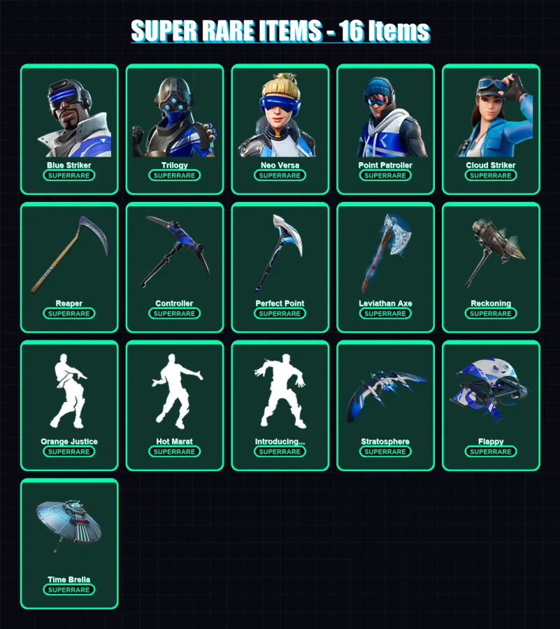 [PC/XBOX/PSN] | Blue Striker | Trilogy | Neo Versa | Point Patroller | Cloud Striker | 168 skin | 147 pickaxe | 137 emote | 135 glider | Lv2767