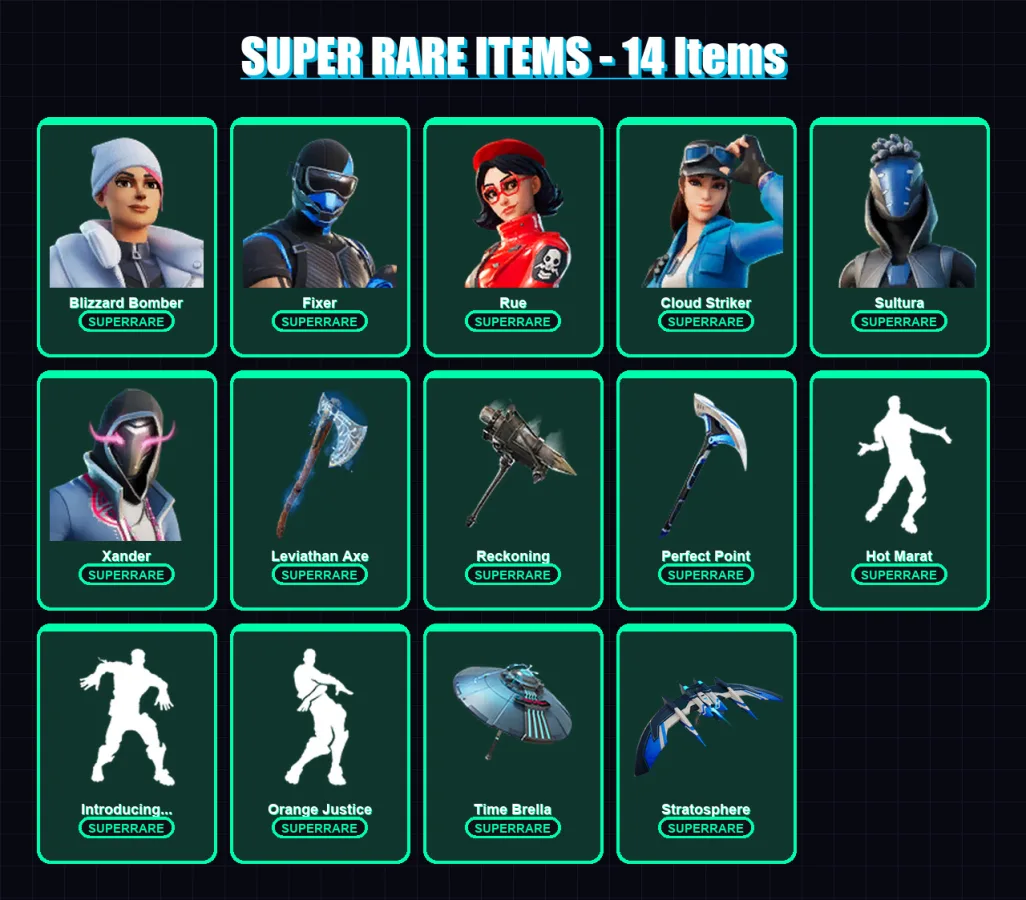 [PS4/PS5/PC] | Blizzard Bomber | Fixer | Rue | Cloud Striker | Sultura | 167 skin | 187 pickaxe | 151 emote | 144 glider | Lv2394