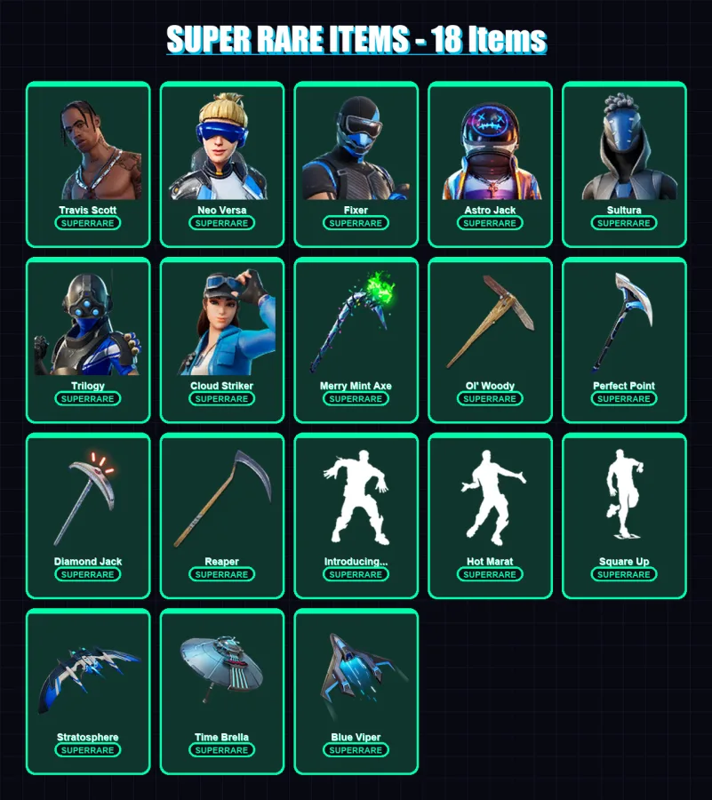 [PS4/PS5/PC] | Travis Scott | Neo Versa | Fixer | Astro Jack | Sultura | 186 skin | 220 pickaxe | 187 emote | 172 glider | Lv2849