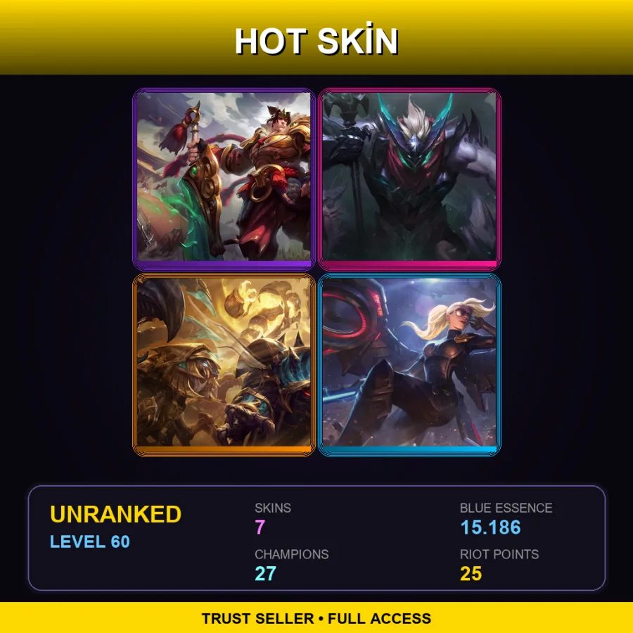 TR | Warring Kingdoms Garen | Dragon Knight Mordekaiser | Guardian of the Sands Rammus | Riot Kayle | 7 Skin | 27 Champ | Lv60