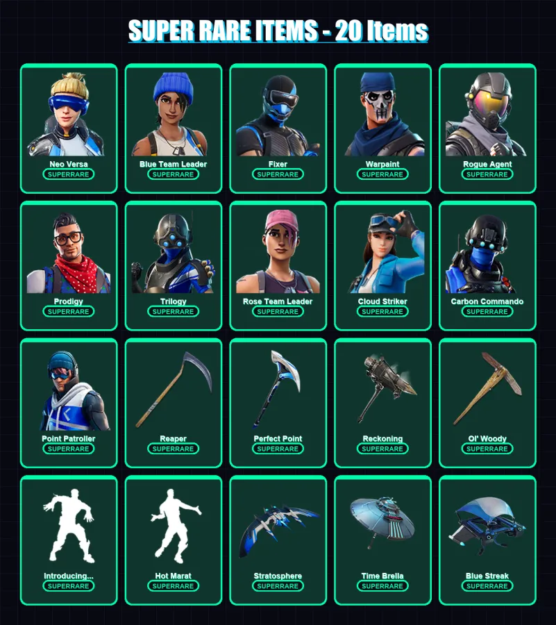 [PC] | Neo Versa | Blue Team Leader | Fixer | Warpaint | Rogue Agent | 205 skin | 189 pickaxe | 170 emote | 132 glider | Lv1748