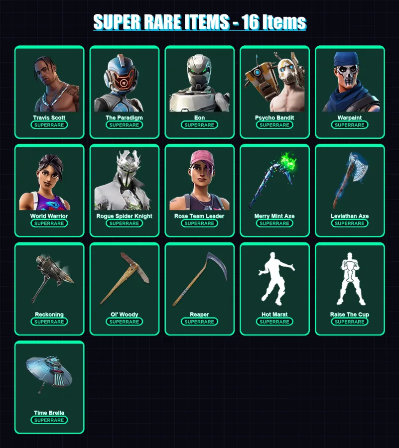 [PC/PSN] | Travis Scott | The Paradigm | Eon | Psycho Bandit | Warpaint | 266 skin | 260 pickaxe | 219 emote | 183 glider | Lv4362