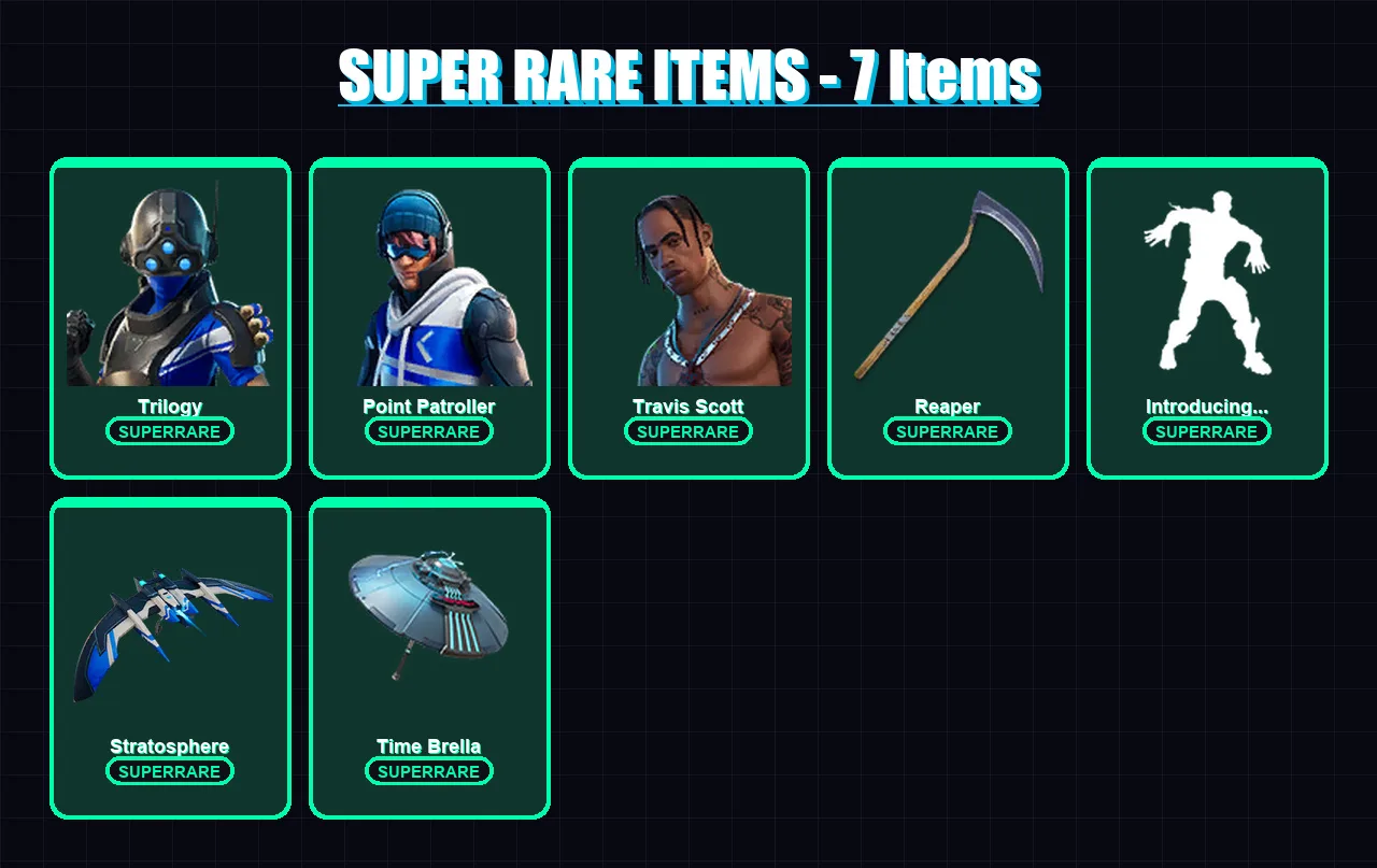 [PC/XBOX/PSN] | Trilogy | Point Patroller | Travis Scott | Nezumi | Fade | 152 skin | 170 pickaxe | 168 emote | 145 glider | Lv2780