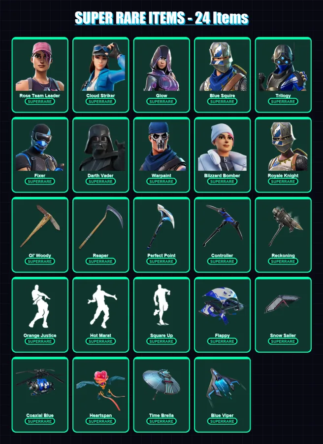 [PS4/PS5/XBOX/PC] | Rose Team Leader | Cloud Striker | Glow | Blue Squire | Trilogy | 241 skin | 203 pickaxe | 215 emote | 145 glider | Lv1822