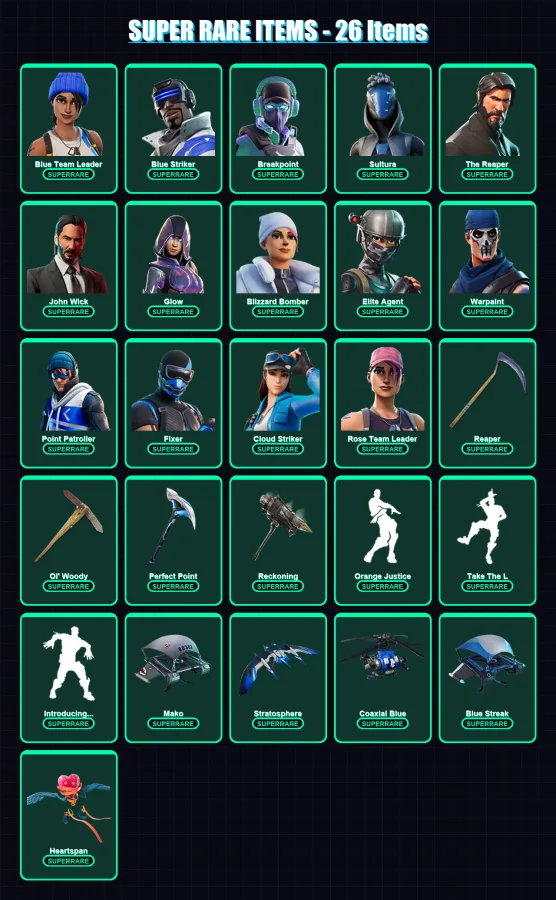 [PC/PSN] | Blue Team Leader | Blue Striker | Breakpoint | Sultura | The Reaper | 251 skin | 244 pickaxe | 273 emote | 209 glider | Lv2446