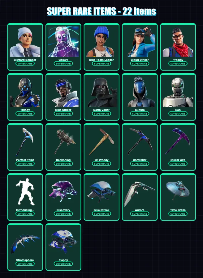 [PS4/PS5/PC] | Blizzard Bomber | Galaxy | Blue Team Leader | Cloud Striker | Prodigy | 125 skin | 126 pickaxe | 122 emote | 107 glider | Lv1512