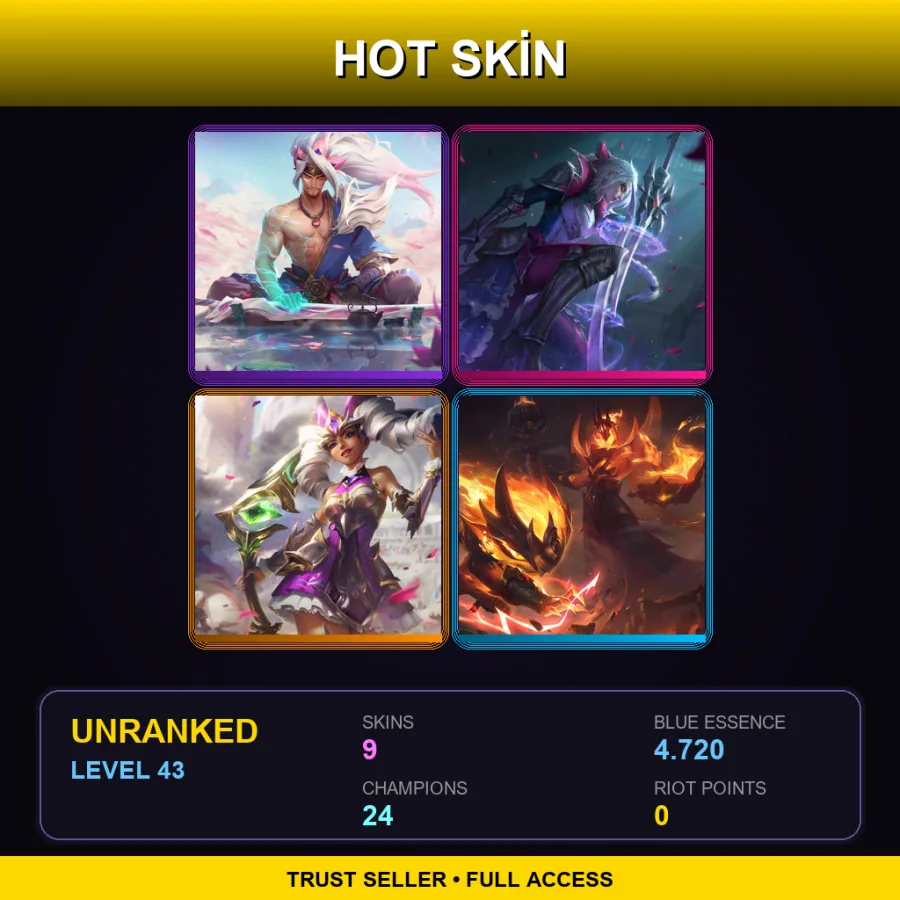 EUW | Spirit Blossom Yasuo | Battle Queen Diana | Battle Queen Qiyana | Infernal Karthus | 9 Skin | 24 Champ | Lv43
