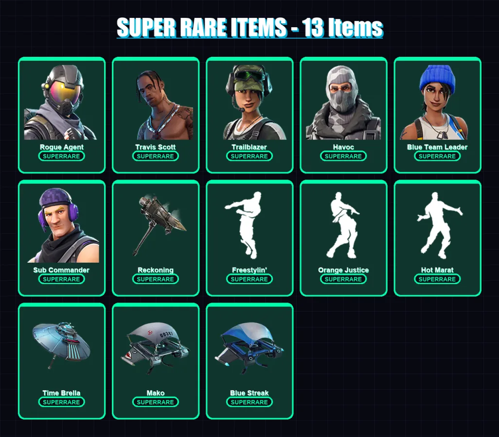 [PS4/PS5/XBOX/PC] | Rogue Agent | Travis Scott | Trailblazer | Havoc | Blue Team Leader | 38 skin | 36 pickaxe | 43 emote | 47 glider | Lv687