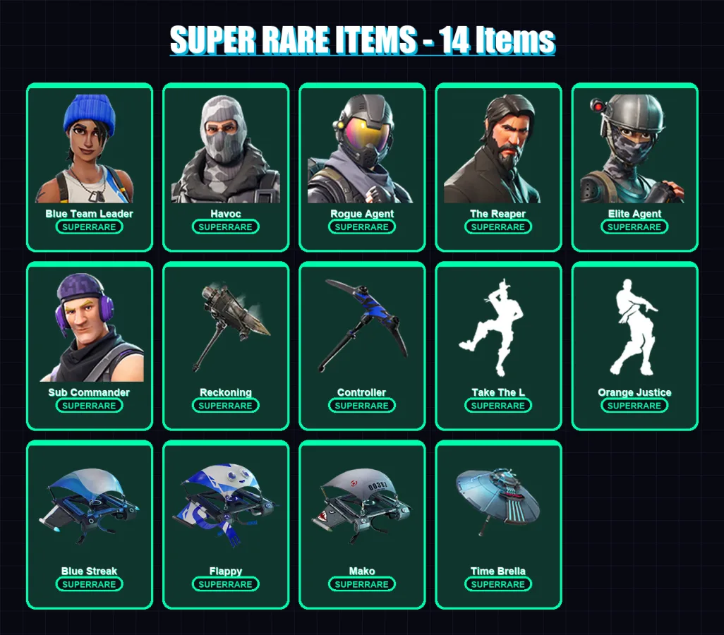 [PS4/PS5/XBOX/PC] | Blue Team Leader | Havoc | Rogue Agent | The Reaper | Elite Agent | 75 skin | 81 pickaxe | 70 emote | 83 glider | Lv1081