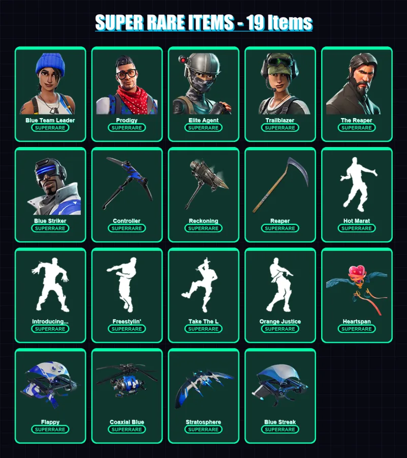 [PS4/PS5/XBOX/PC] | Blue Team Leader | Prodigy | Elite Agent | Trailblazer | The Reaper | 84 skin | 57 pickaxe | 87 emote | 66 glider | Lv873