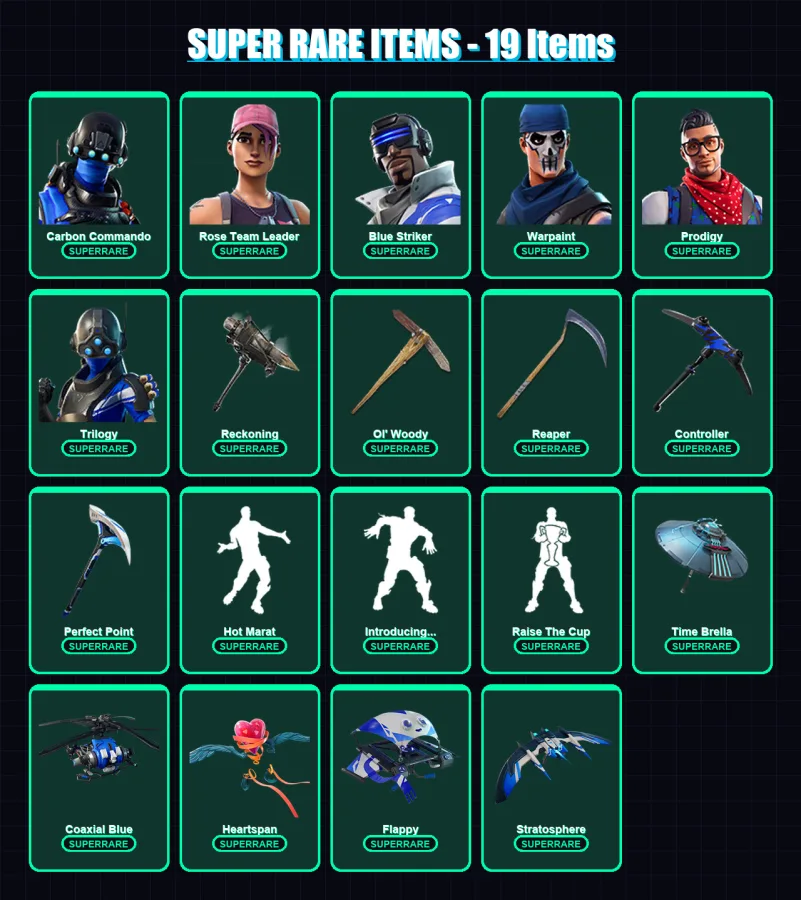 [PC/XBOX] | Carbon Commando | Rose Team Leader | Blue Striker | Warpaint | Prodigy | 105 skin | 114 pickaxe | 108 emote | 118 glider | Lv1805 — Fortnite account