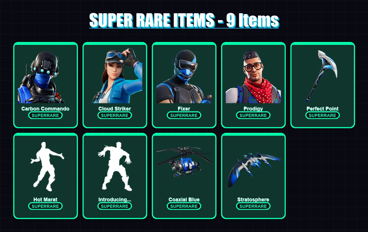 [PS4/PS5/XBOX/PC] | Carbon Commando | Cloud Striker | Fixer | Prodigy | Snap | 58 skin | 64 pickaxe | 65 emote | 64 glider | Lv1022