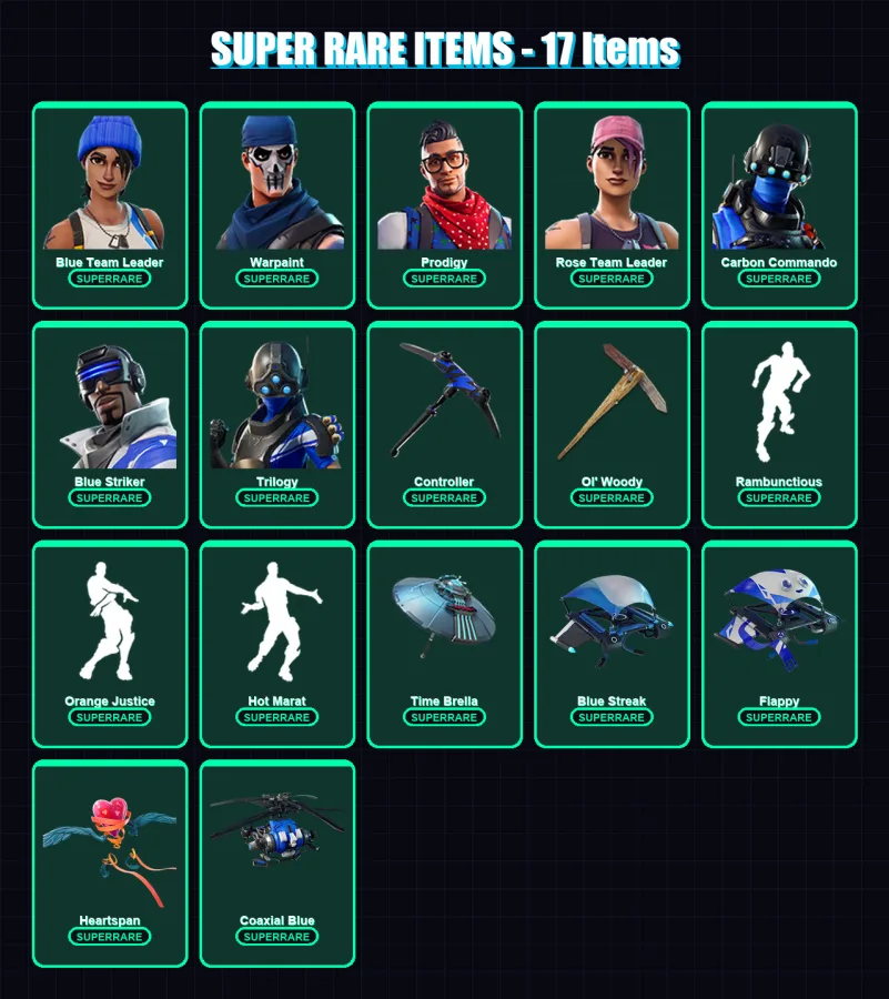 [PC/XBOX/PSN] | Blue Team Leader | Warpaint | Prodigy | Rose Team Leader | Carbon Commando | 56 skin | 67 pickaxe | 85 emote | 64 glider | Lv914 — Fortnite account