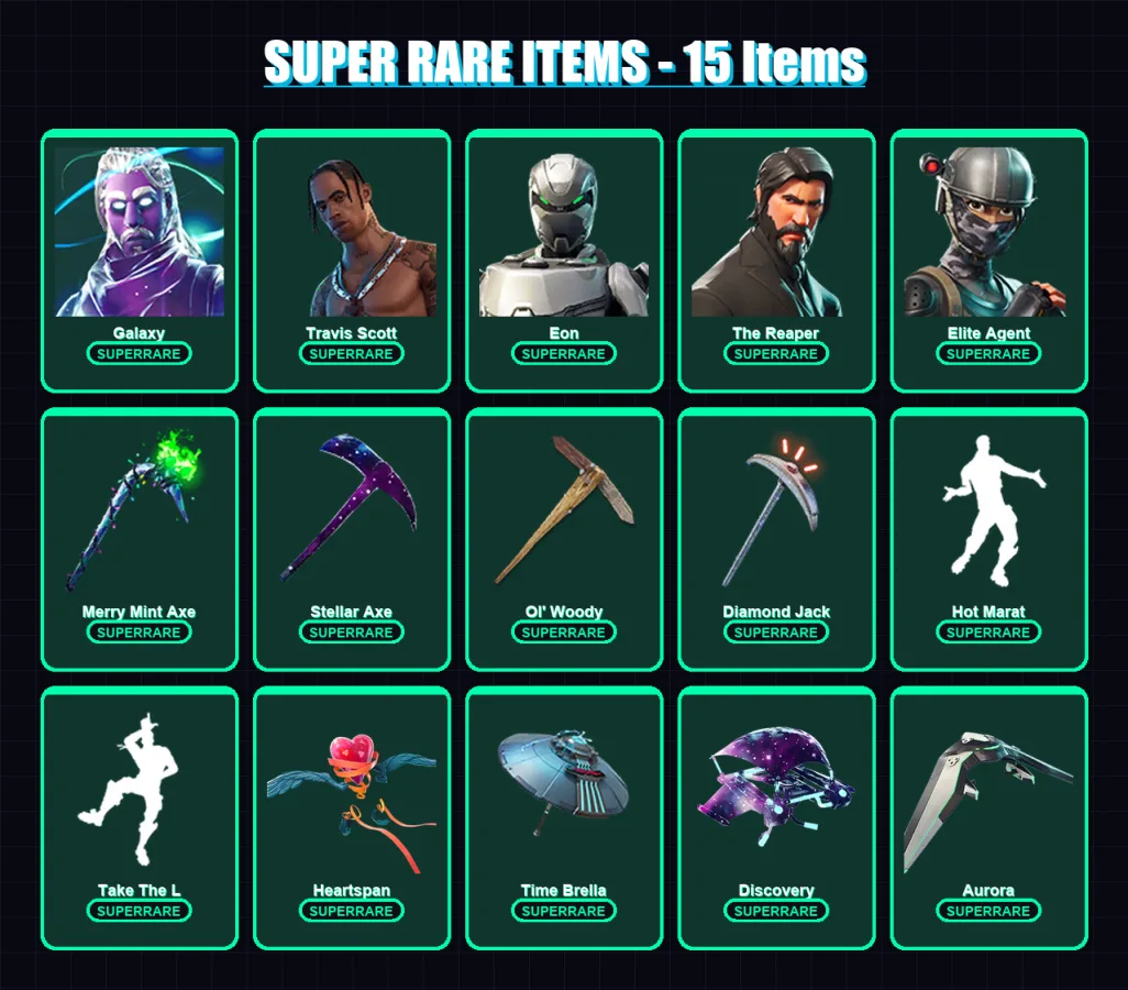 [PC] | Galaxy | Travis Scott | Eon | The Reaper | Elite Agent | 88 skin | 99 pickaxe | 98 emote | 98 glider | Lv1134