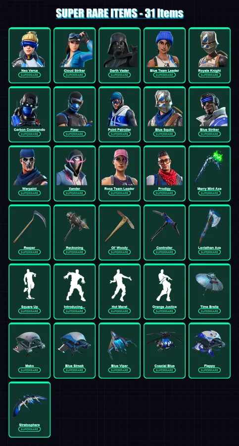 [PC/XBOX/PSN] | Polo Prodigy | Neo Versa | Cloud Striker | Darth Vader | Blue Team Leader | 476 skin | 493 pickaxe | 360 emote | 352 glider | Lv7558