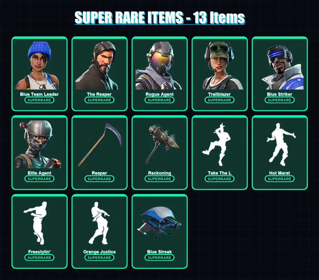 [PC/XBOX/PSN] | Blue Team Leader | The Reaper | Rogue Agent | Trailblazer | Blue Striker | 71 skin | 43 pickaxe | 92 emote | 49 glider | Lv630