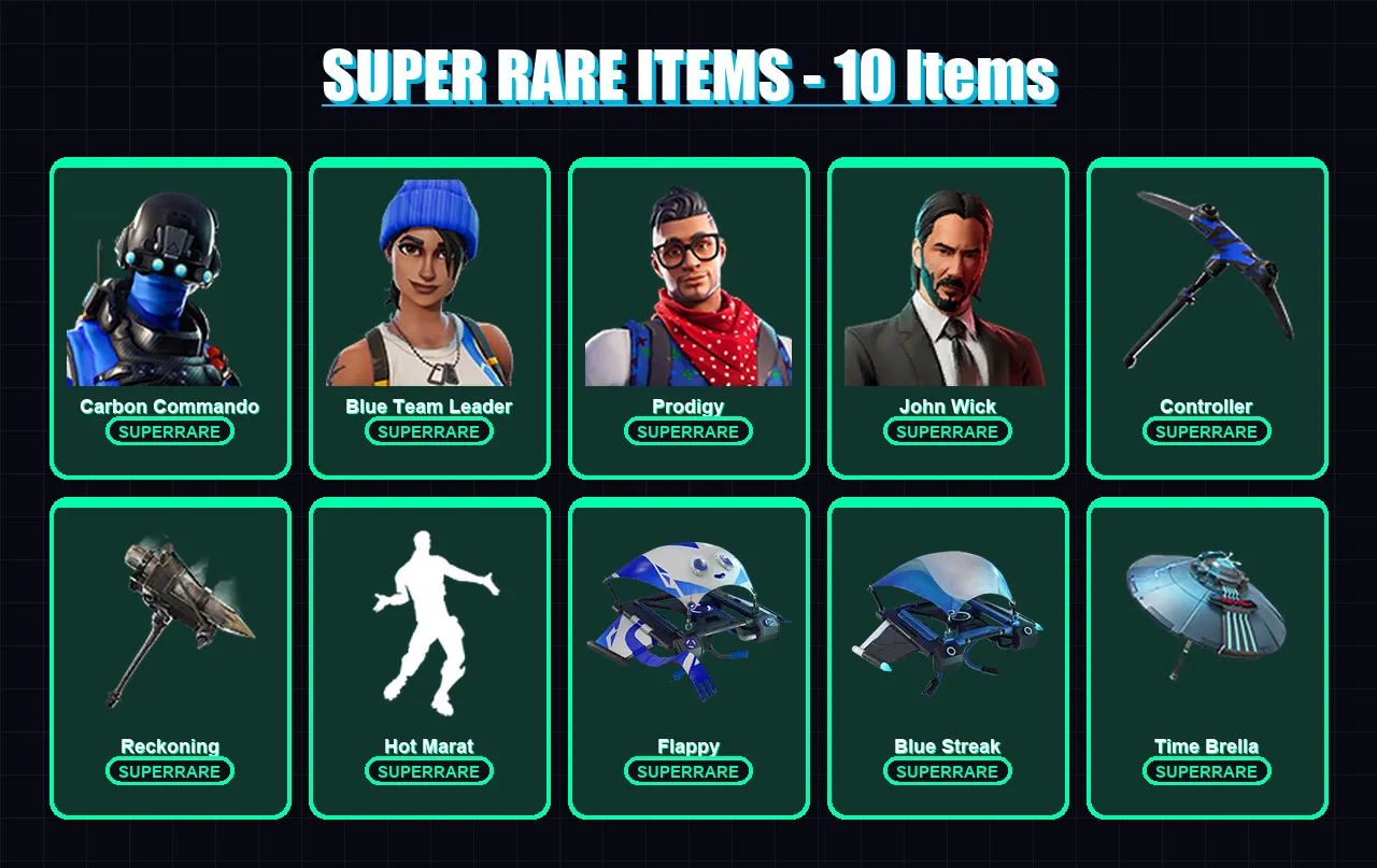 [PS4/PS5/XBOX/PC] | Carbon Commando | Blue Team Leader | Prodigy | John Wick | Hybrid | 49 skin | 49 pickaxe | 66 emote | 50 glider | Lv861