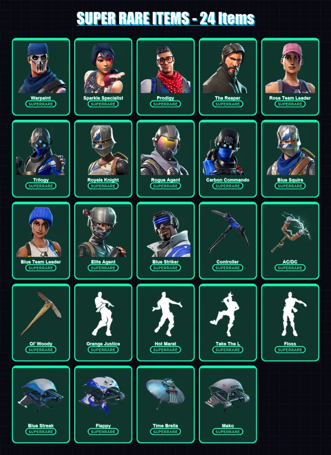 [PS4/PS5/XBOX/PC] | Warpaint | Sparkle Specialist | Prodigy | The Reaper | Rose Team Leader | 123 skin | 143 pickaxe | 132 emote | 156 glider | Lv19
