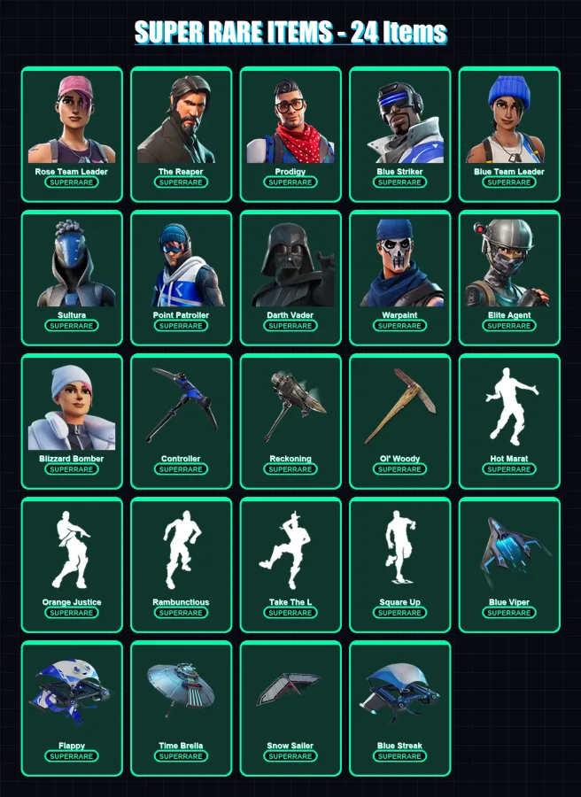 [PS4/PS5/XBOX/PC] | Rose Team Leader | The Reaper | Prodigy | Blue Striker | Blue Team Leader | 76 skin | 69 pickaxe | 70 emote | 75 glider | Lv1030