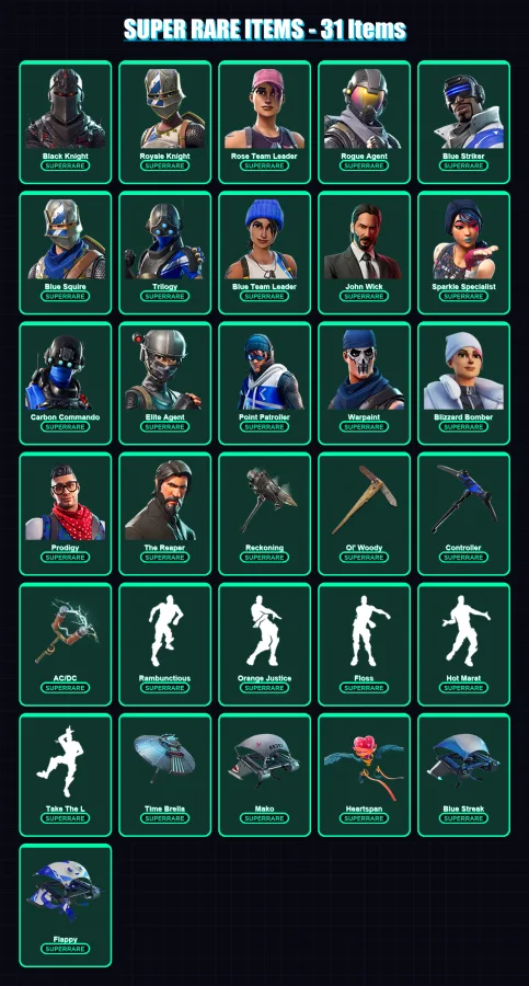 [PC/XBOX/PSN] | Black Knight | Royale Knight | Rose Team Leader | Rogue Agent | Blue Striker | 163 skin | 72 pickaxe | 96 emote | 78 glider | Lv982