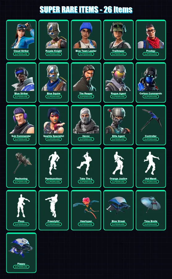 [PS4/PS5/XBOX/PC] | Cloud Striker | Royale Knight | Blue Team Leader | Trailblazer | Prodigy | 94 skin | 115 pickaxe | 105 emote | 121 glider | Lv18