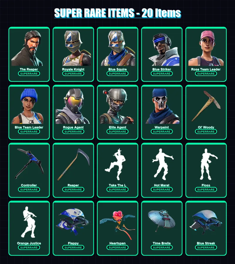 [PS4/PS5/XBOX/PC] | The Reaper | Royale Knight | Blue Squire | Blue Striker | Rose Team Leader | 74 skin | 84 pickaxe | 98 emote | 94 glider | Lv146